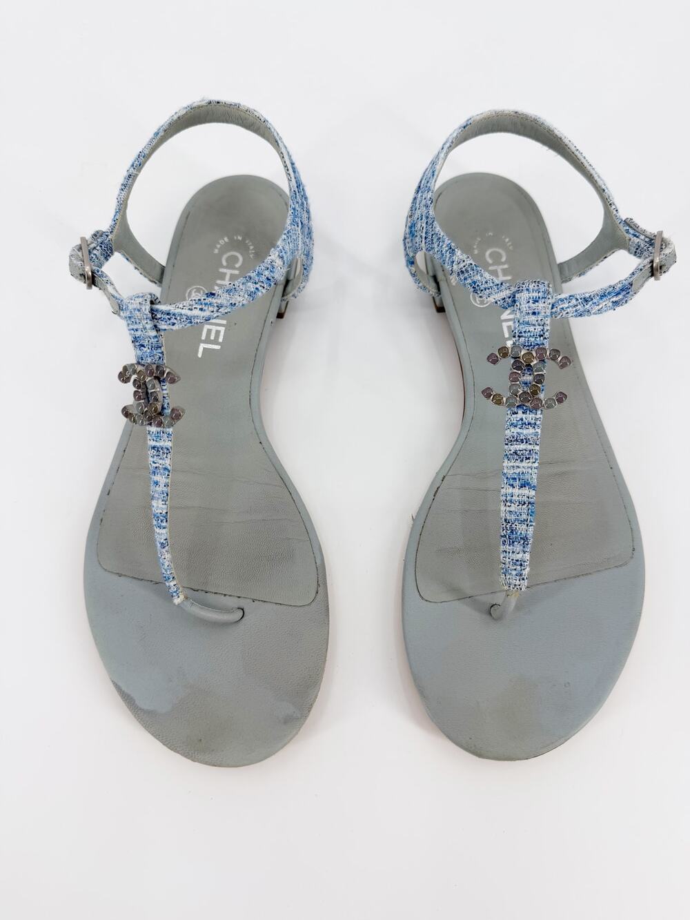 Chanel Pale Blue Tweed CC Logo Gripoix Stone Flat T-Strap Thong Sandals 40